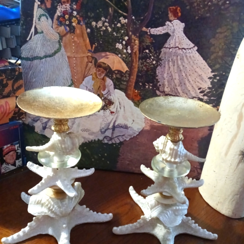 🌇Coastal Beach Seashell Pillar Candle Base Holder Set 🆕 Nice Gift Item.🛍8"
